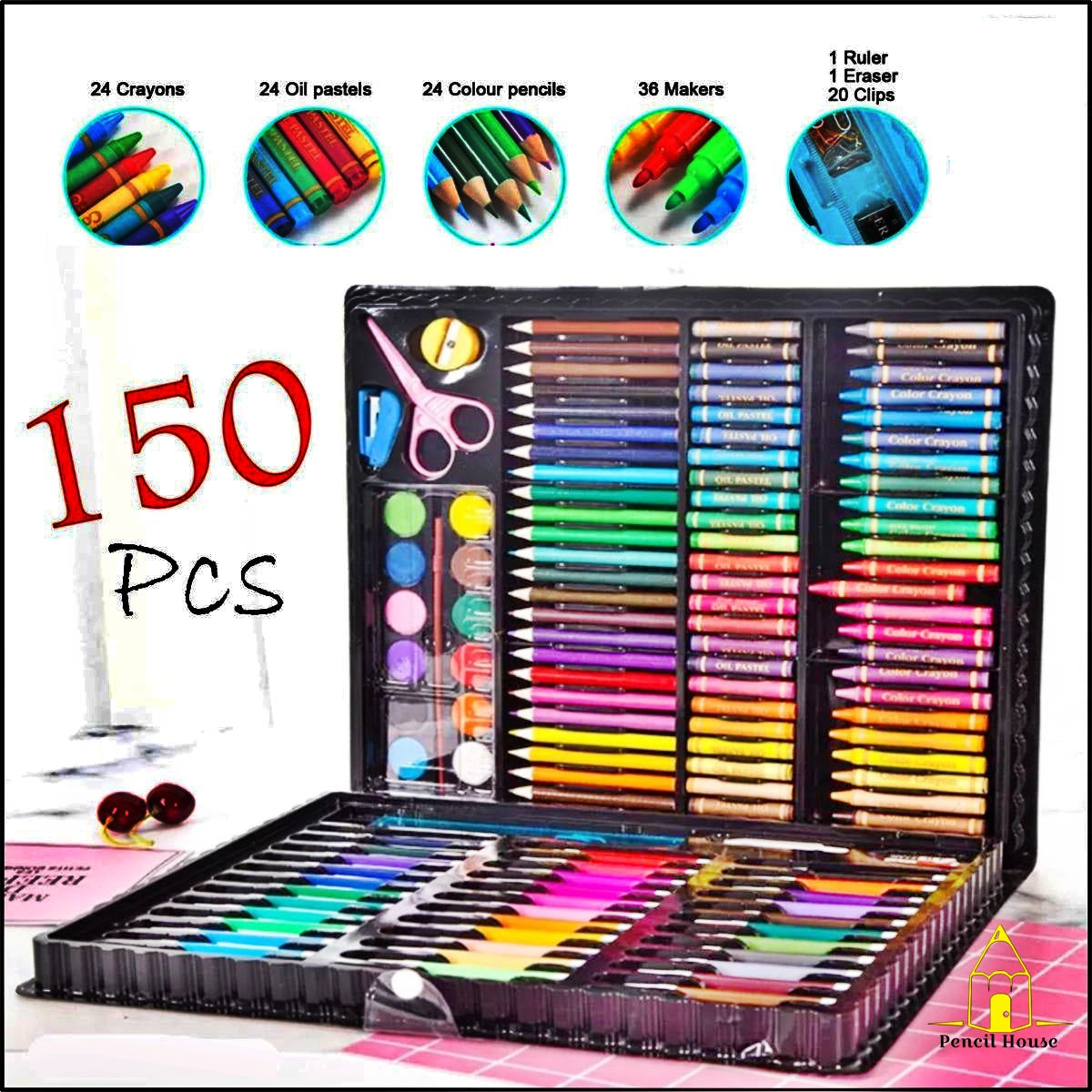 150 Pcs Kids Coloring & Art Set – Complete Drawing, Painting & Craft Kit