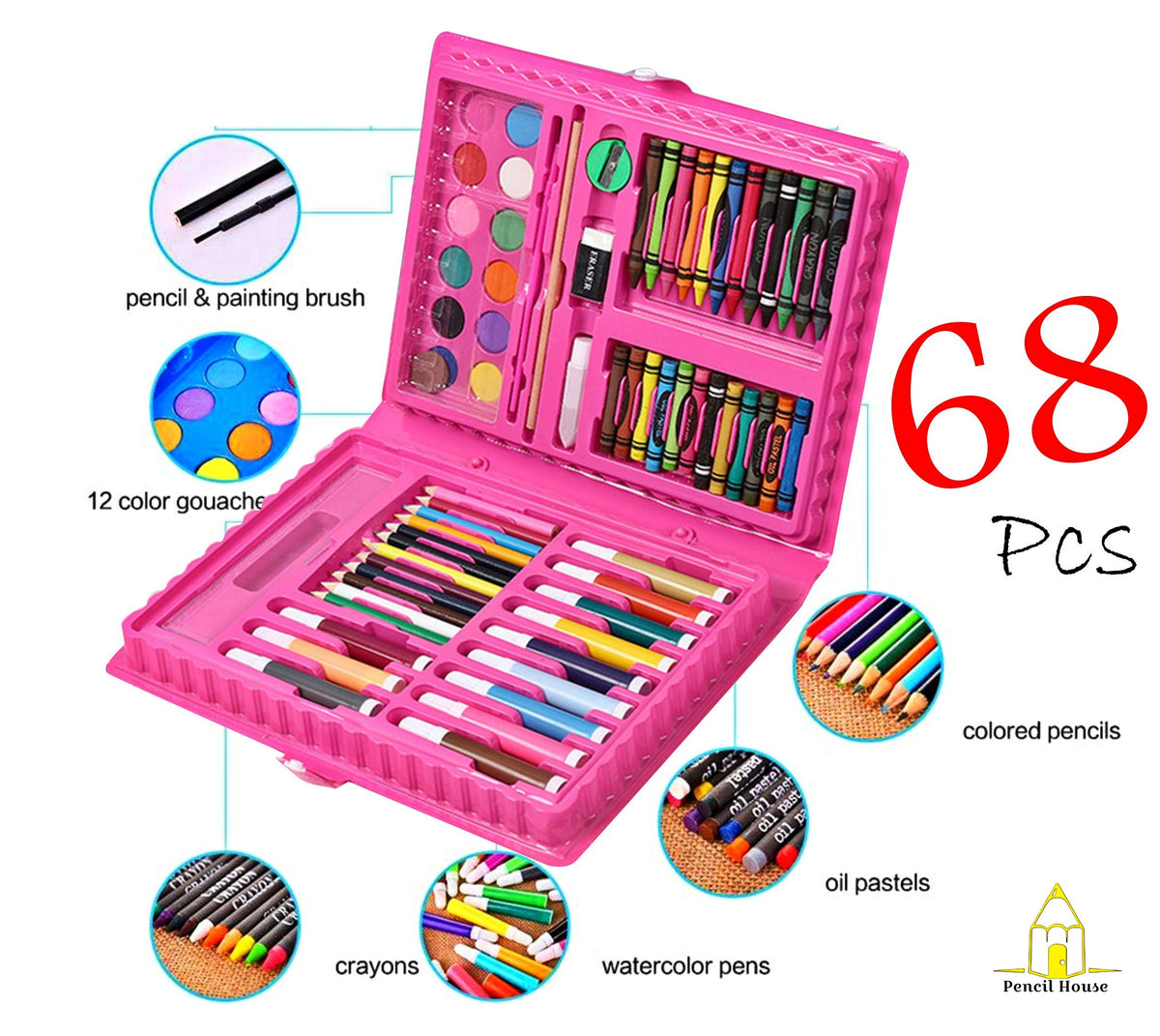68 Pcs Kids Art & Coloring Set – Complete Drawing & Painting Kit
