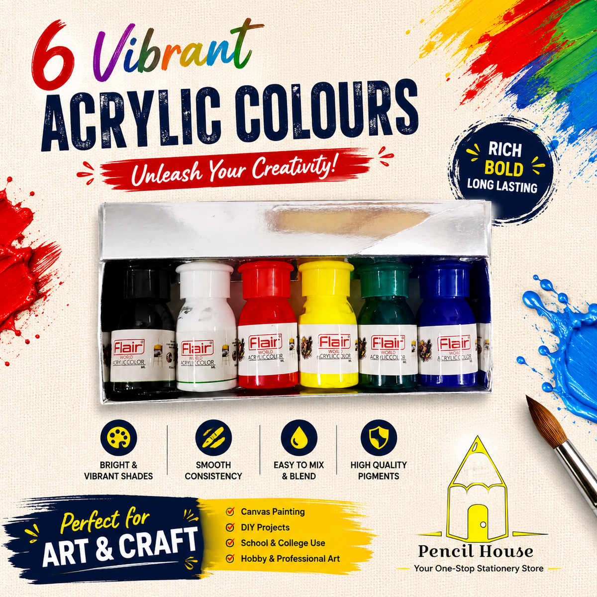 Flair 6 Vibrant Acrylic Colours Set – Rich & Bold Paints for Art & Craft